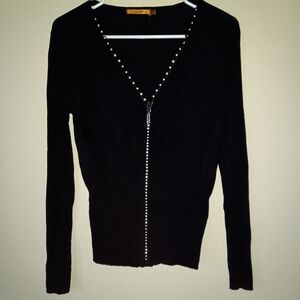 BELLDINI Black, Ribbed, Zipper Cardigan with Silver Rhinestone Accents Women's S
